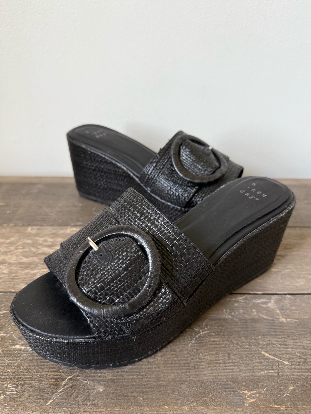 a new day Black Woven Buckle Wedge Slides